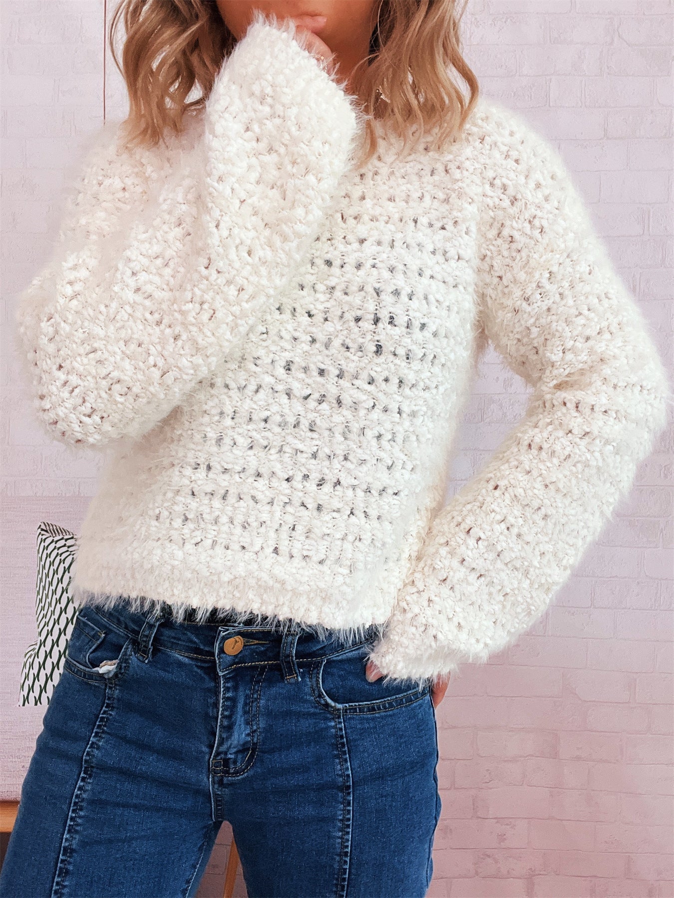 Damen Strickpullover Kuschelig Struktur Oberfläche Weite Ärmel Beige