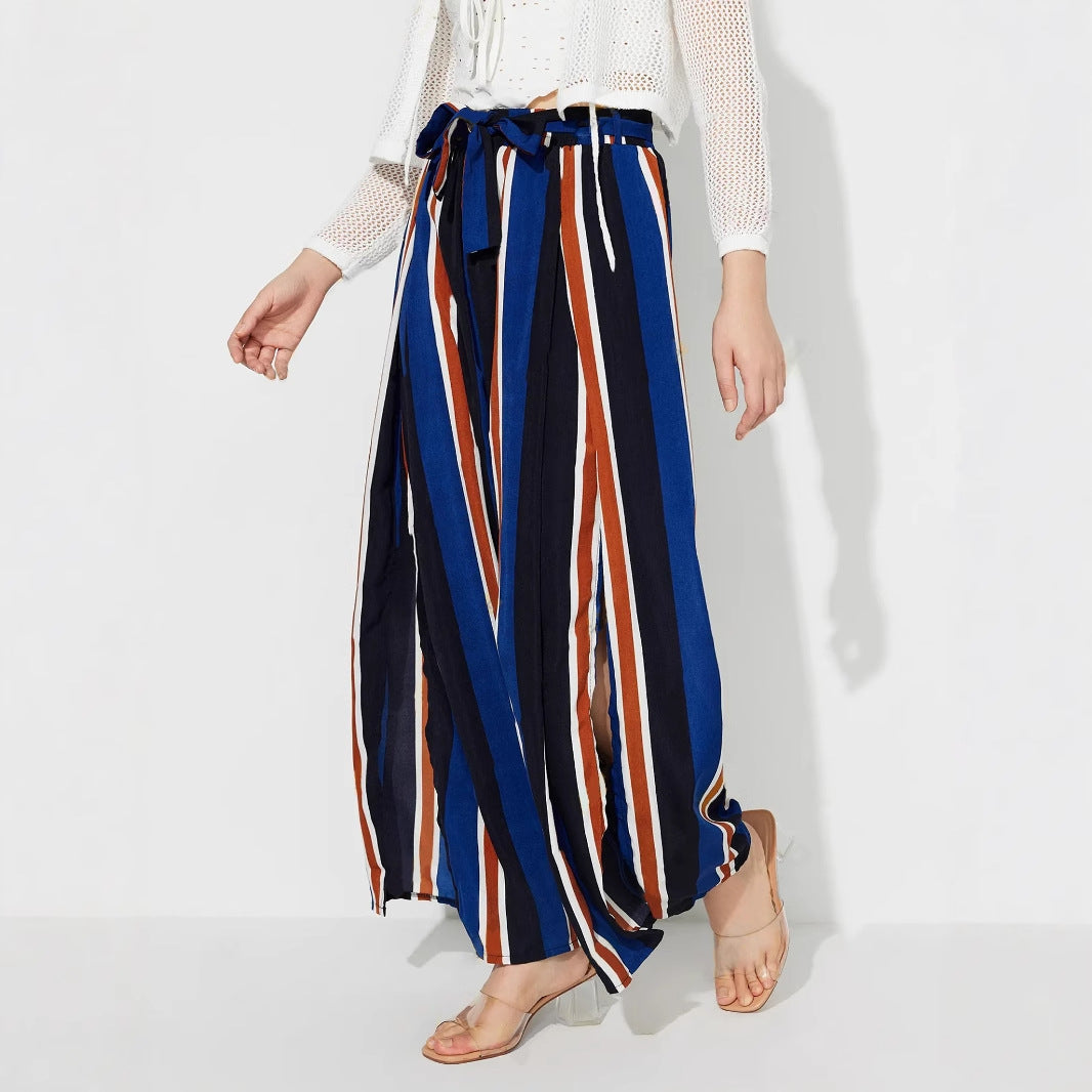 Damen Palazzo-Hose mit Bindegürtel Streifenmuster