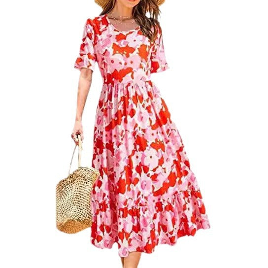 Damen Midikleid Floralmuster Rüschenabschluss Eveloria