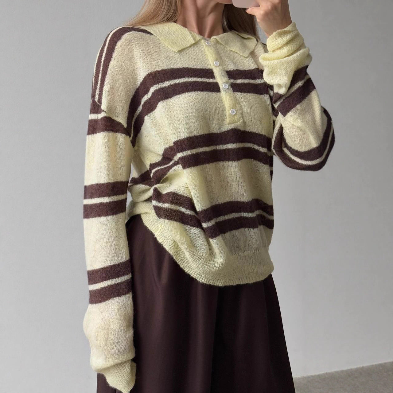 Damen Pullover Grob gestrickt Polo-Kragen Blockstreifen