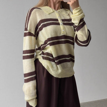 Damen Pullover Grob gestrickt Polo-Kragen Blockstreifen