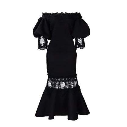 Eveloria Damen Spitzenkleid Meerjungfrauenschnitt Voluminöse Ärmel