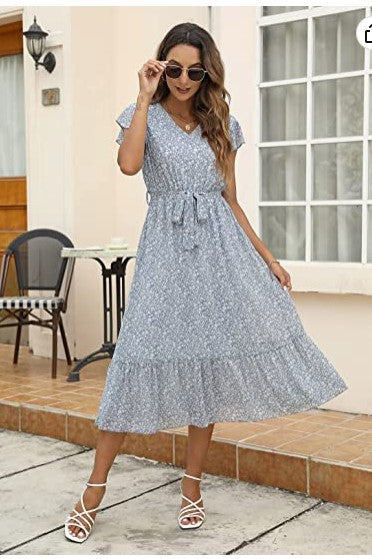 Damen Midi-Kleid Floralmuster Taillengürtel