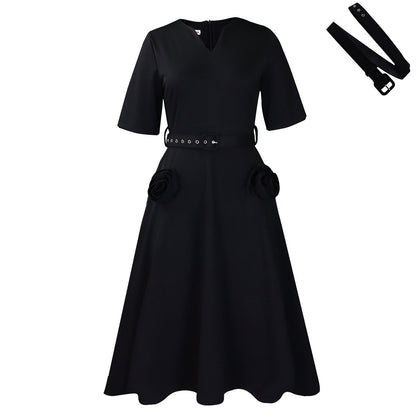 Damen Midi-Kleid Blumenapplikationen Taillengürtel Eveloria