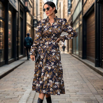 Damen Maxikleid Flora Taillengürtel Fließend