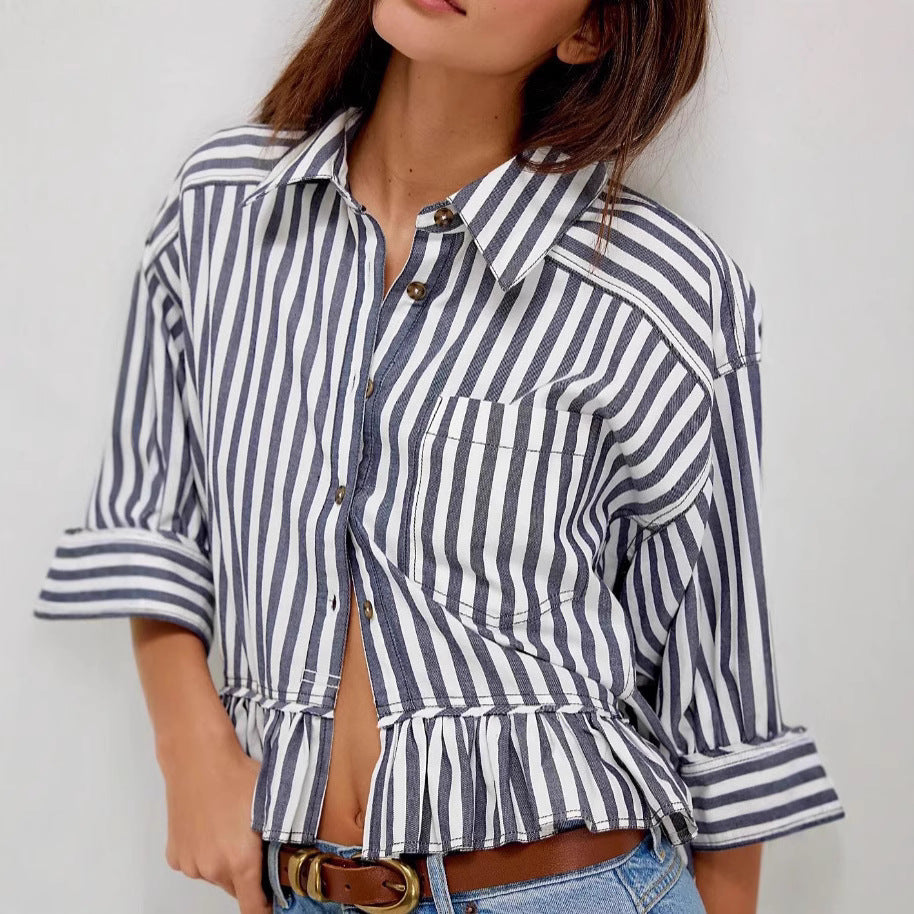 Damen Bluse Gestreift Volantabschluss Lässig