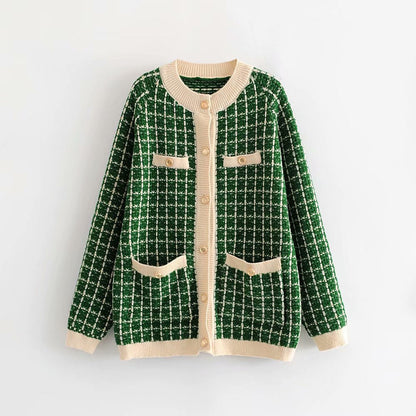 Damen Strickjacke Karomuster Dekorative Knöpfe