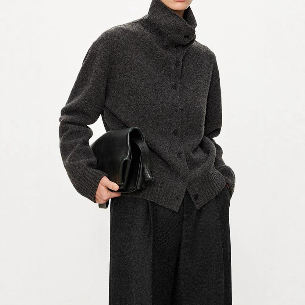 Damen Strickcardigan Hochkragen Knopfleiste Grau Eveloria