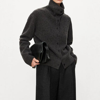 Damen Strickcardigan Hochkragen Knopfleiste Grau Eveloria