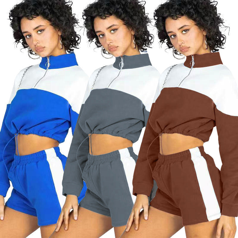 Damen Sportanzug Cropped Hochkragen Kordelzug Eveloria