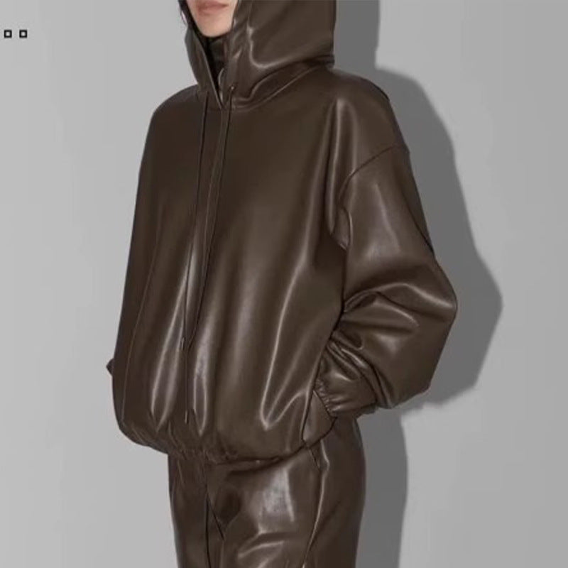 Damen Kunstlederjacke mit Kapuze Eveloria