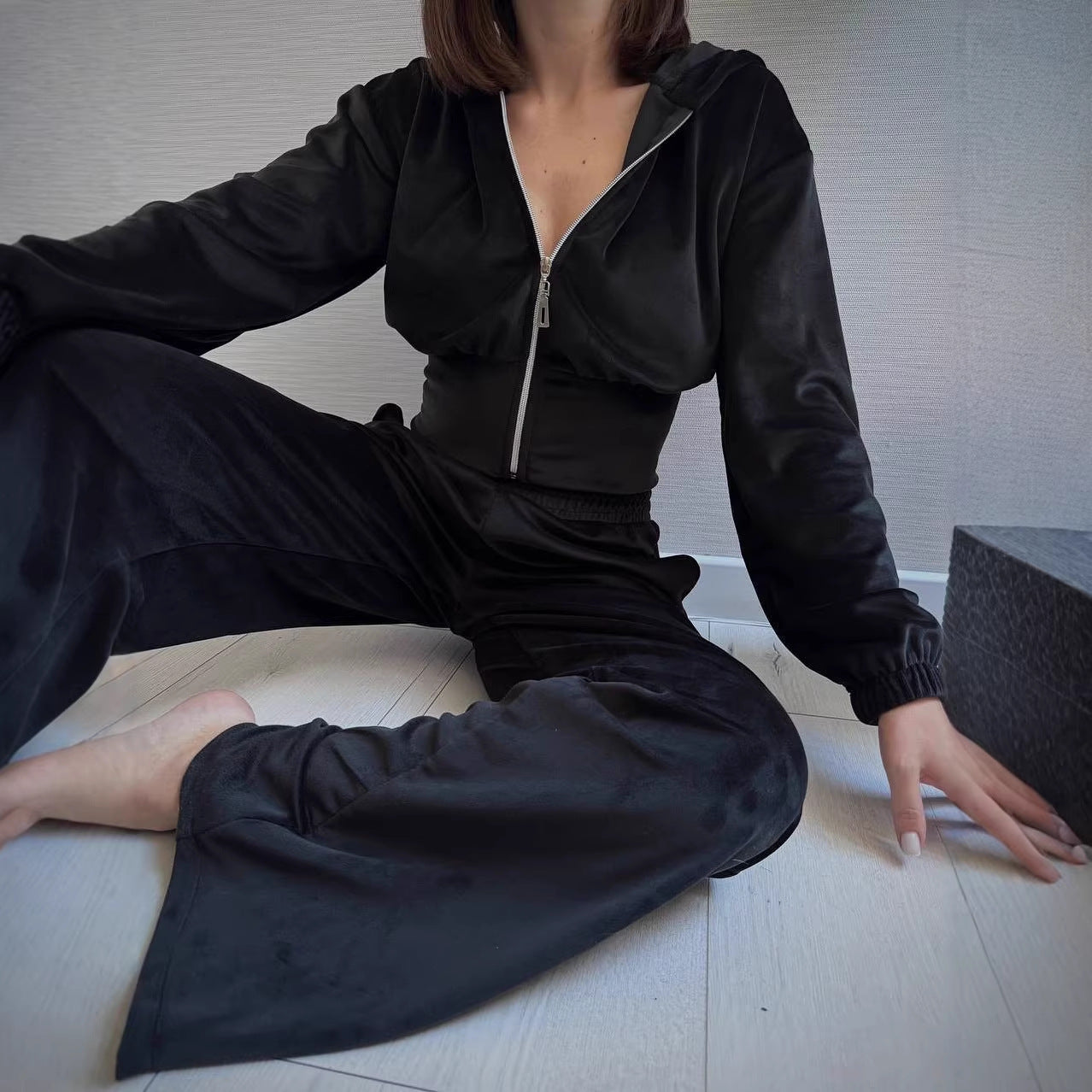 Damen Lounge-Set mit Kapuze Elastischer Bund Grau Eveloria