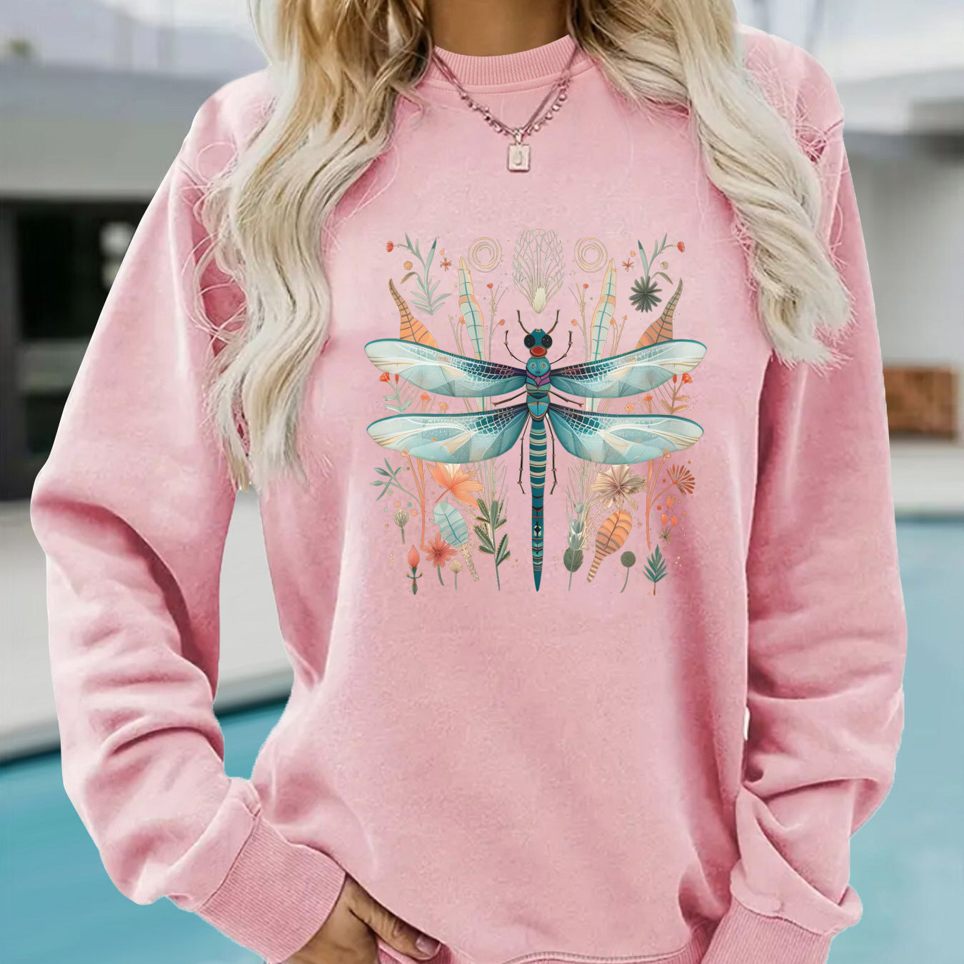 Damen Sweatshirt Libellen-Print Baumwolle Grün