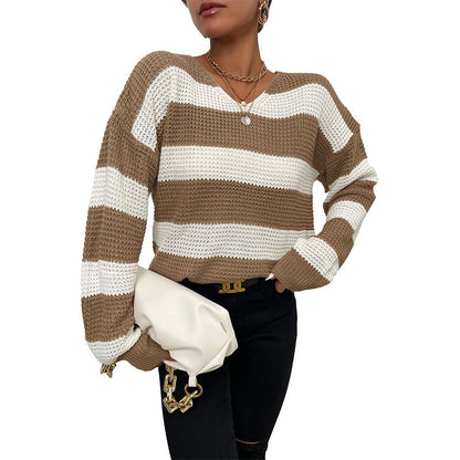 Damen Pullover Strukturiertes Waffelmuster V-Ausschnitt Beige