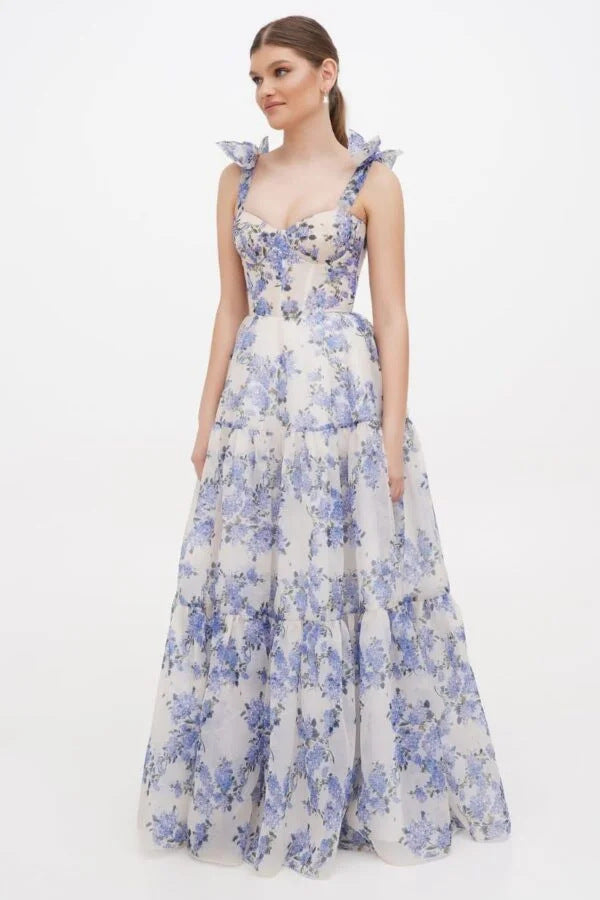 Damen Maxikleid mit Blumenmuster und Rüschen Trägern