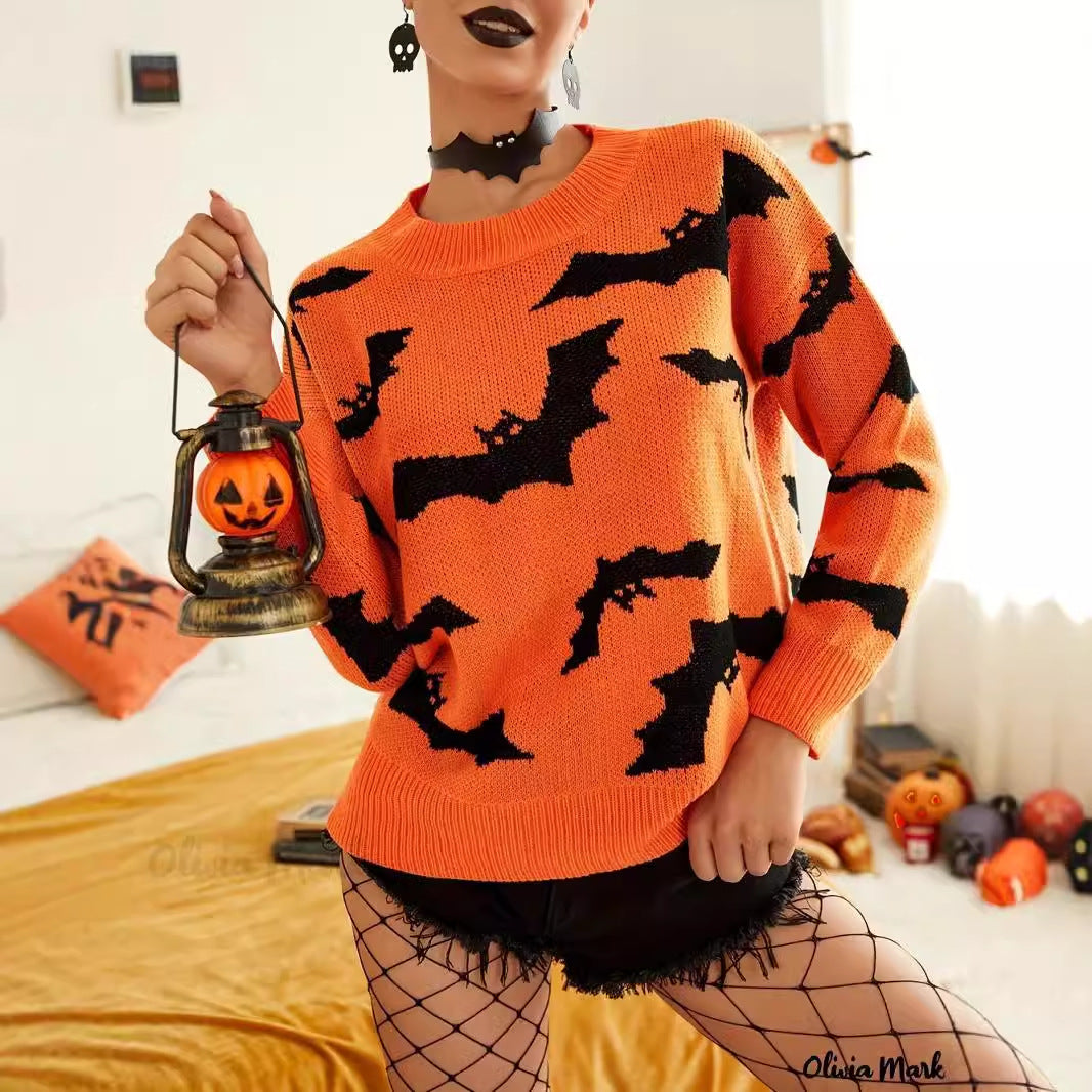 Damen Halloween Pullover Fledermaus Muster Eveloria