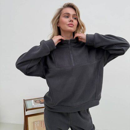 Damen Fleece-Loungewear-Set Halblang Reißverschluss Elastisch