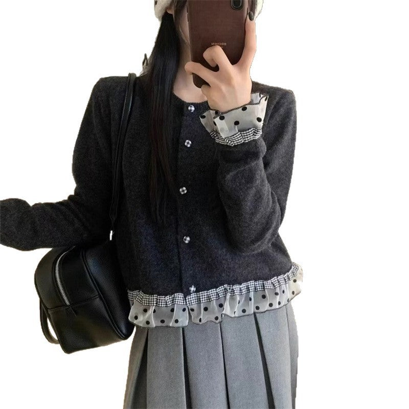 Damen Strickjacke Rüschen Knöpfe Eveloria
