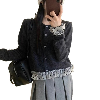 Damen Strickjacke Rüschen Knöpfe Eveloria