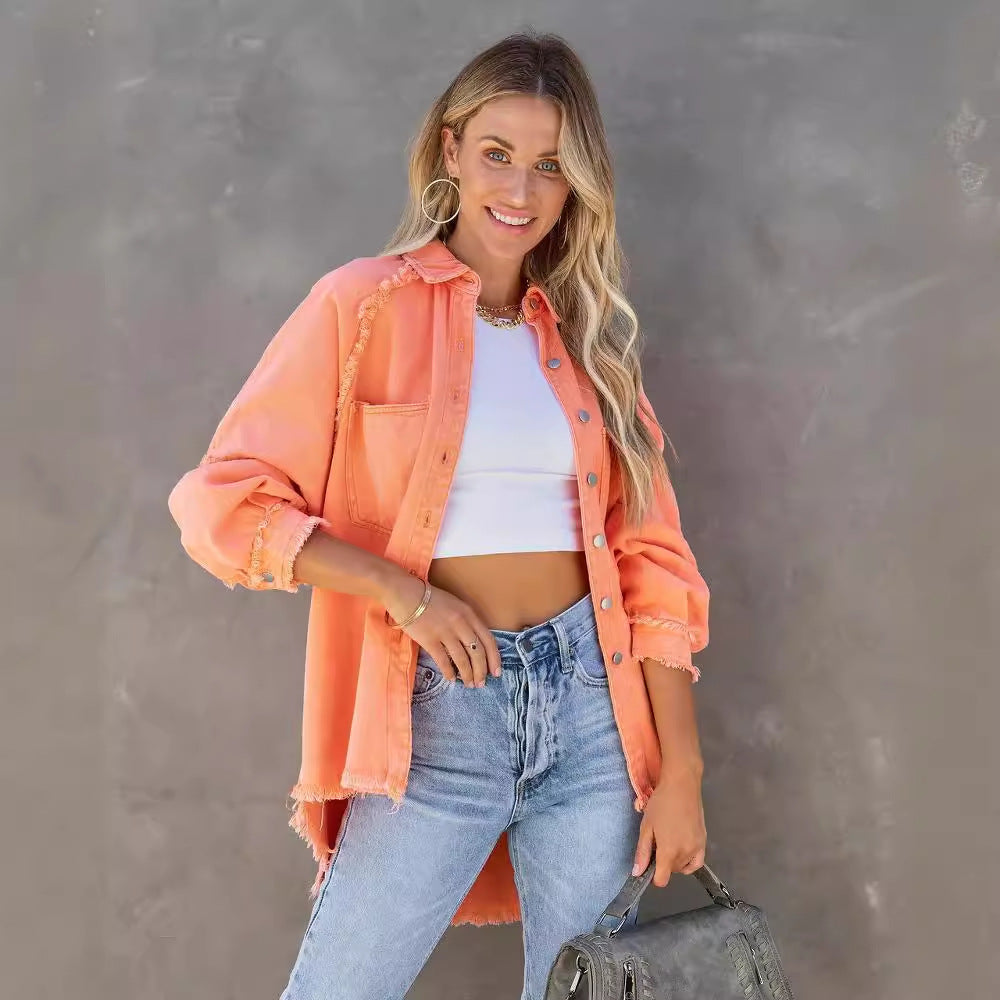 Damen Oversized Denim-Hemd mit Fransen