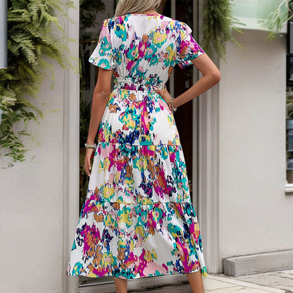 Damen Maxi-Kleid Elastischer Gürtel Verspielt Farben Eveloria