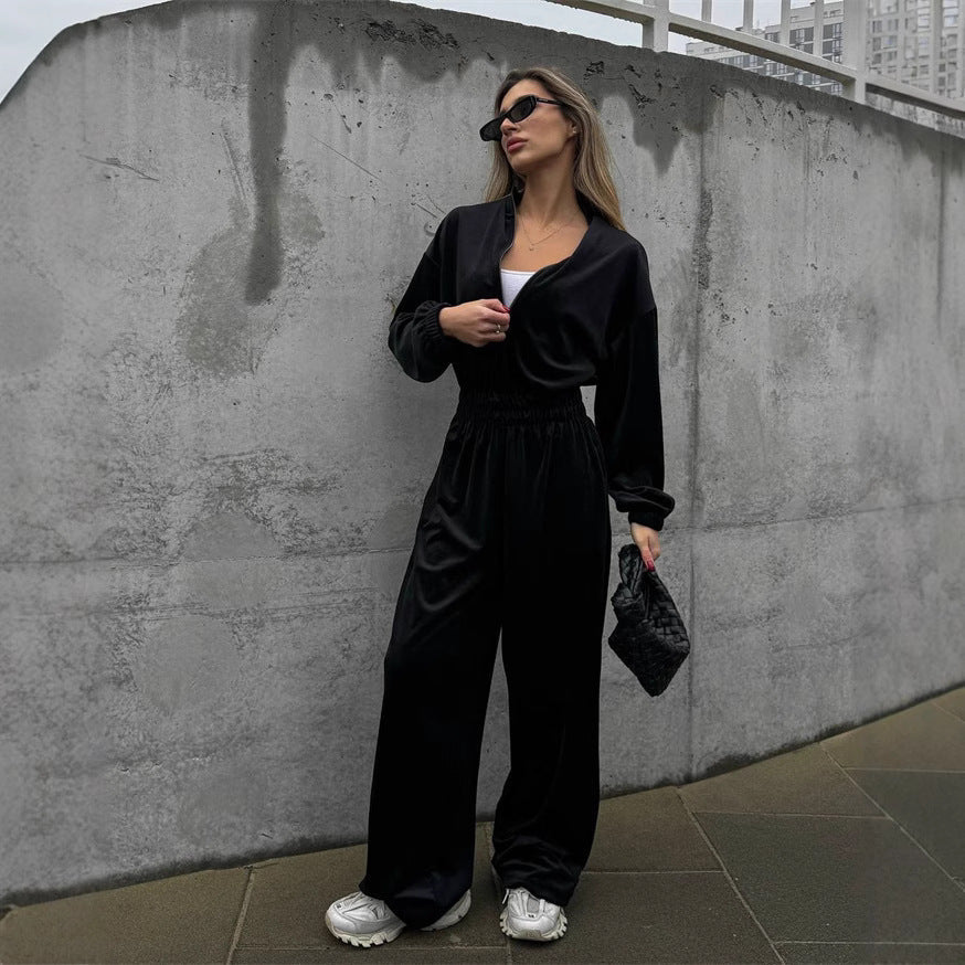 Damen Velours-Jumpsuit Hohler Kragen Locker