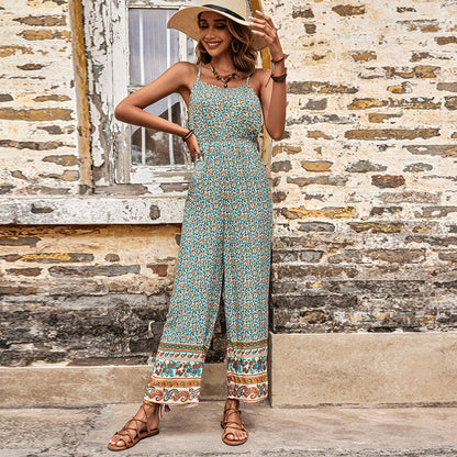 Damen Jumpsuit Blumenmuster Breite Beine Verstellbare Träger Eveloria