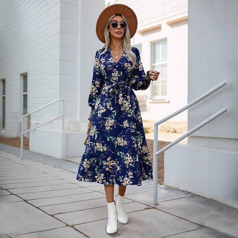 Damen Wickelkleid Floral Muster Voluminöse Ärmel Eveloria