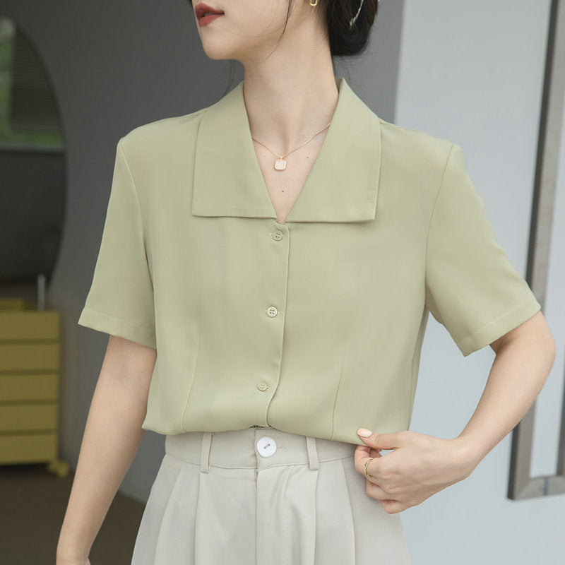 Damen Kurzarmbluse Moderner Kragen Elegantes Knopfdesign - Eveloria