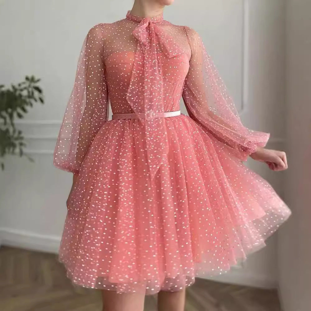 Damen Tüllkleid mit Puffärmeln und Schleifenakzent