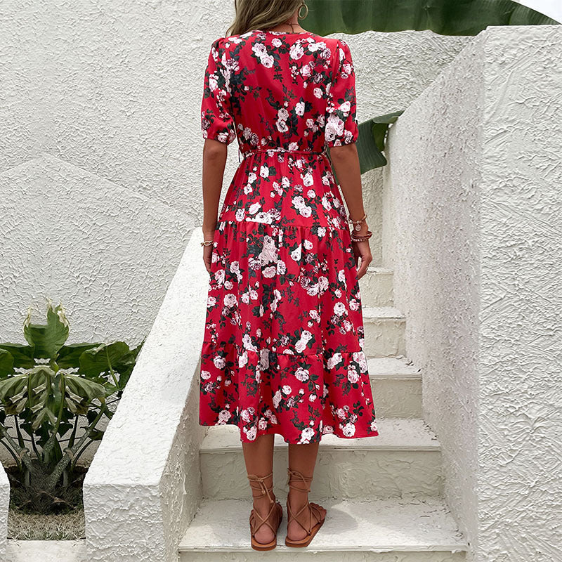 Damen Blumenkleid V-Ausschnitt Elastisch Eveloria