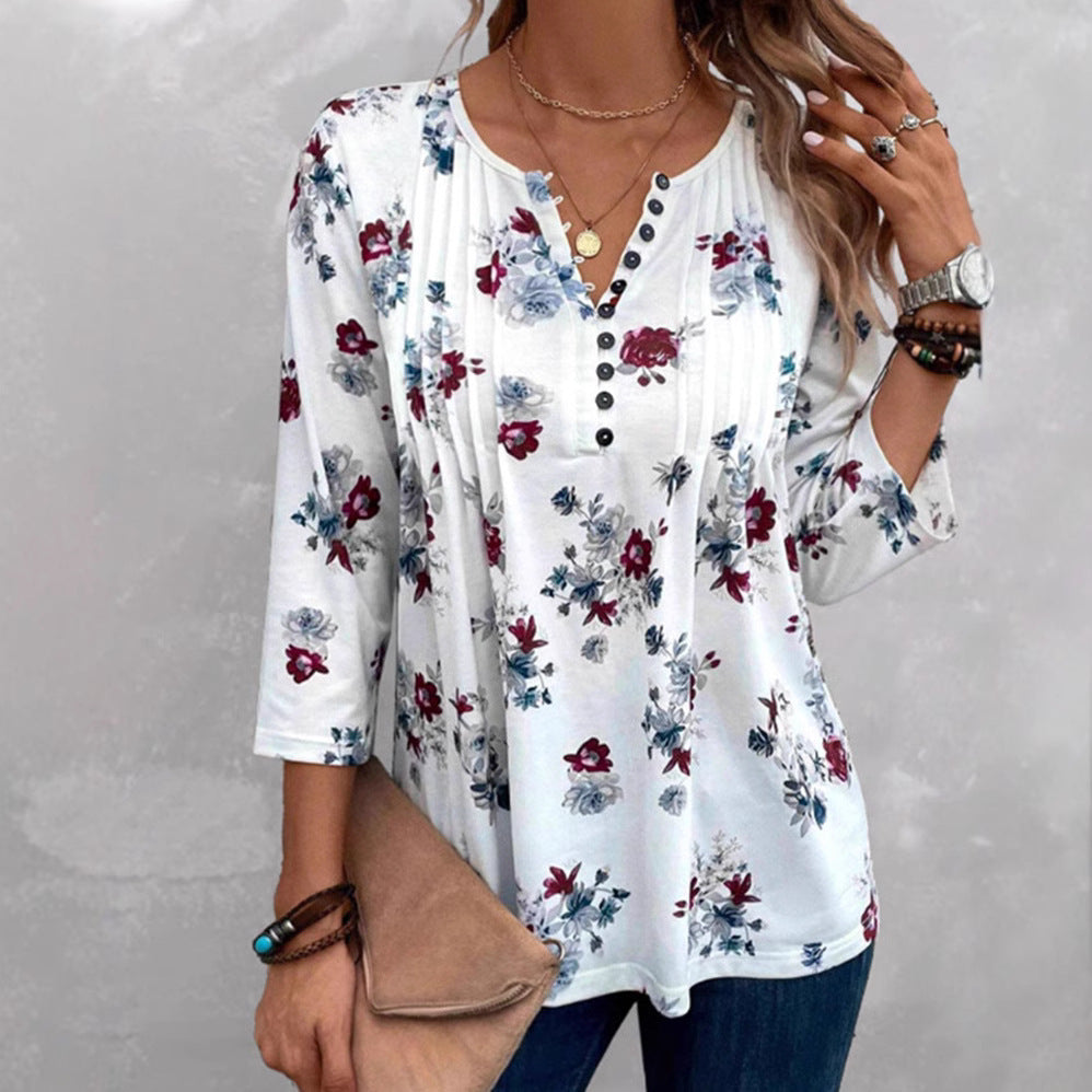 Damen Bluse Floralmuster Knöpfe Eveloria - Eveloria