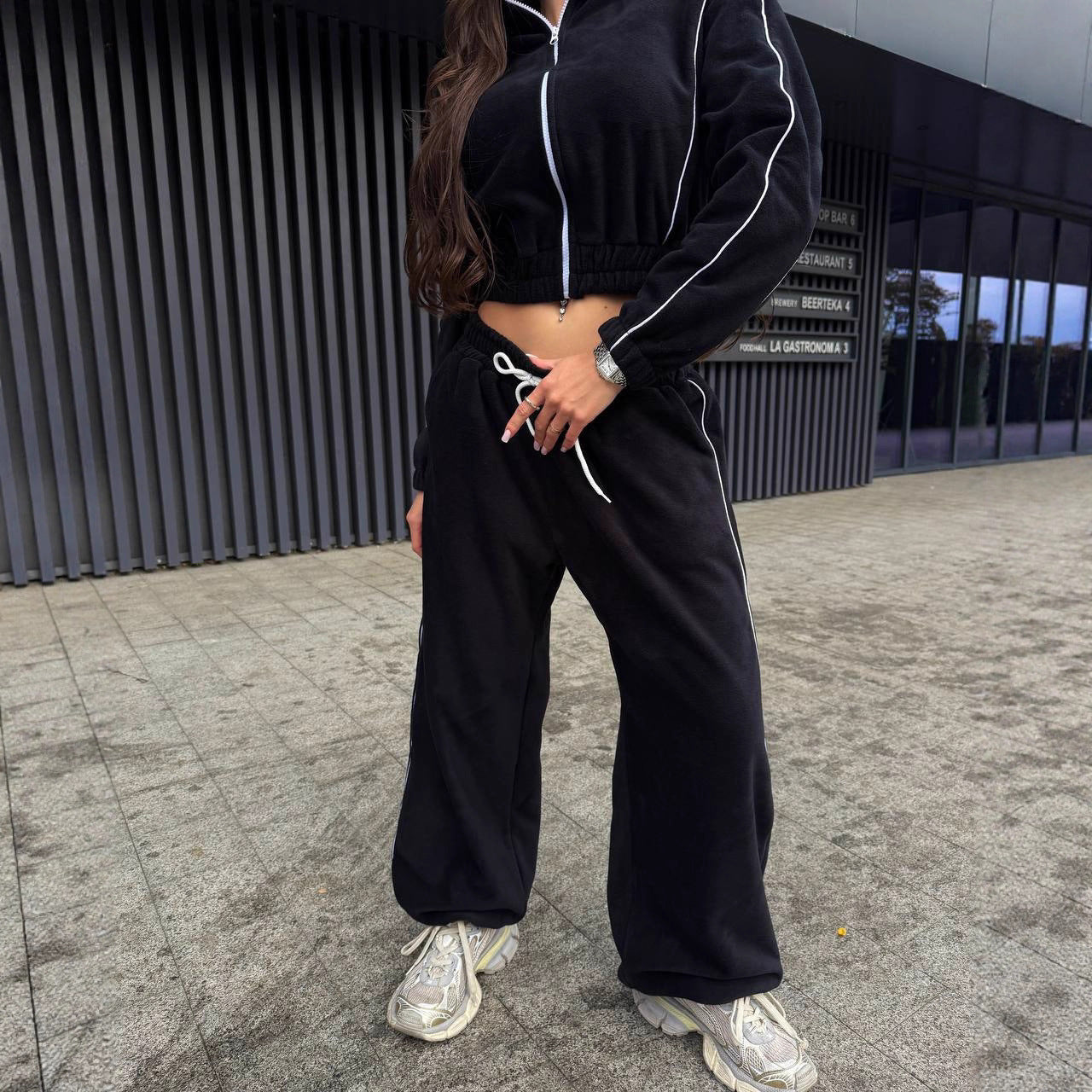 Damen Hoodie Jogginghose Set Cropped Grau Eveloria