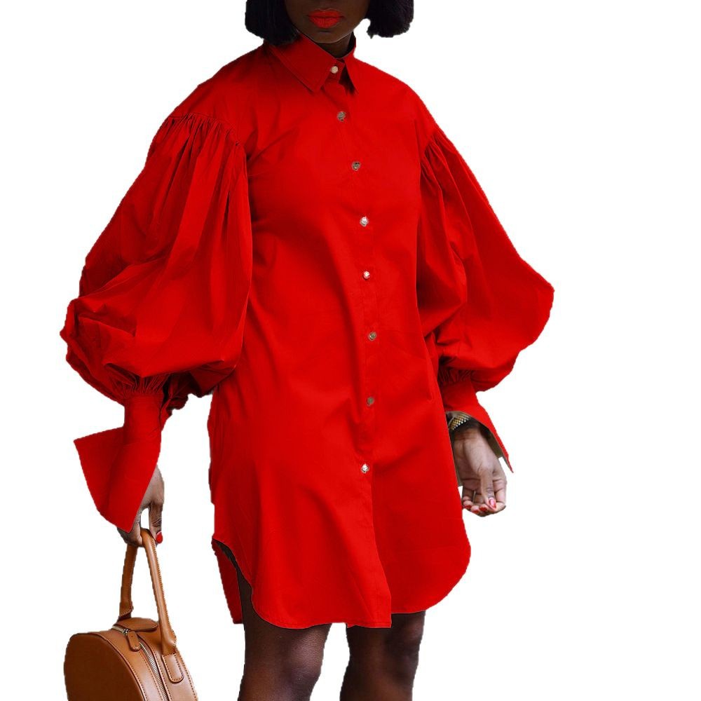 Damen Oversize Hemdblusenkleid Voluminöse Ärmel Knopfdetails Eveloria