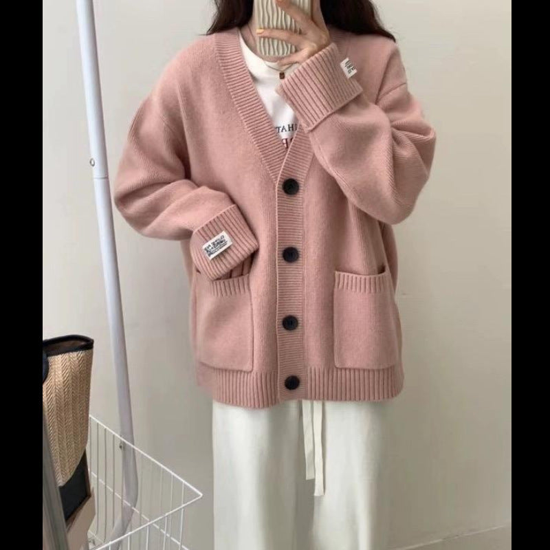 Damen Oversized Cardigan Große Taschen Knöpfe Beige