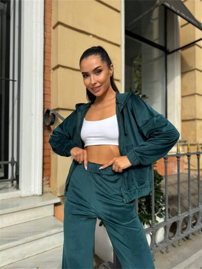 Damen Velours Jogginganzug Kapuze Komfort Eveloria