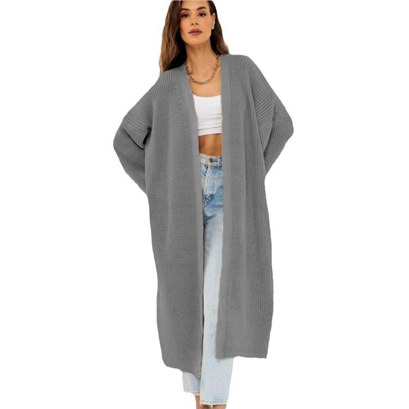Damen Grobstrick Cardigan Offenes Frontdesign Tiefen Taschen Beige