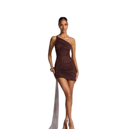 Damen Minikleid Ein-Schulter-Design Drapierungslook Eveloria