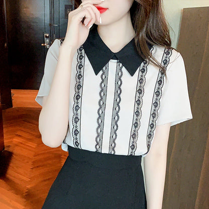 Damen Bluse Spitzen Streifenakzente Elegante Weiß