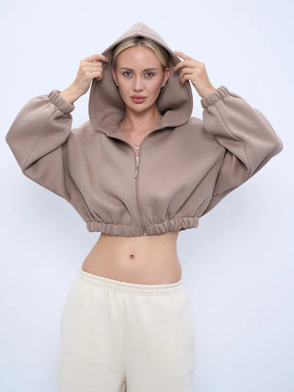 Damen Cropped Kapuzenpullover Voluminöse Ärmel Eveloria