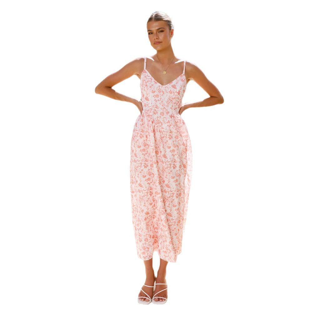 Damen Maxikleid feines Floralmuster Spaghettiträger Eveloria