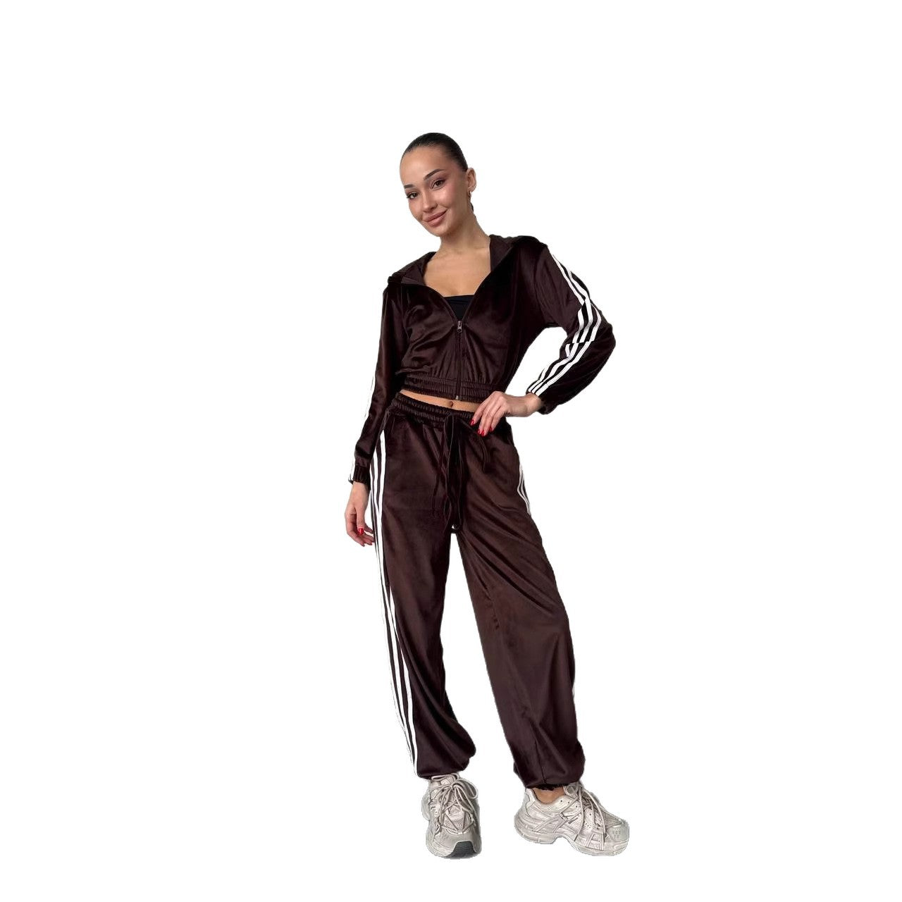 Damen Fleece Sportanzug Cropped Jacke Weite Hose