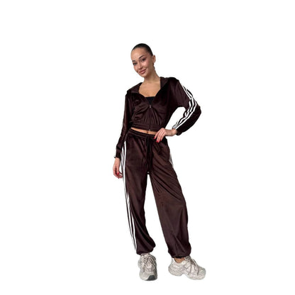 Damen Fleece Sportanzug Cropped Jacke Weite Hose
