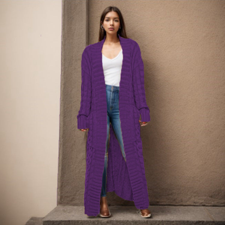 Damen Strickcardigan Lang Zopfmuster