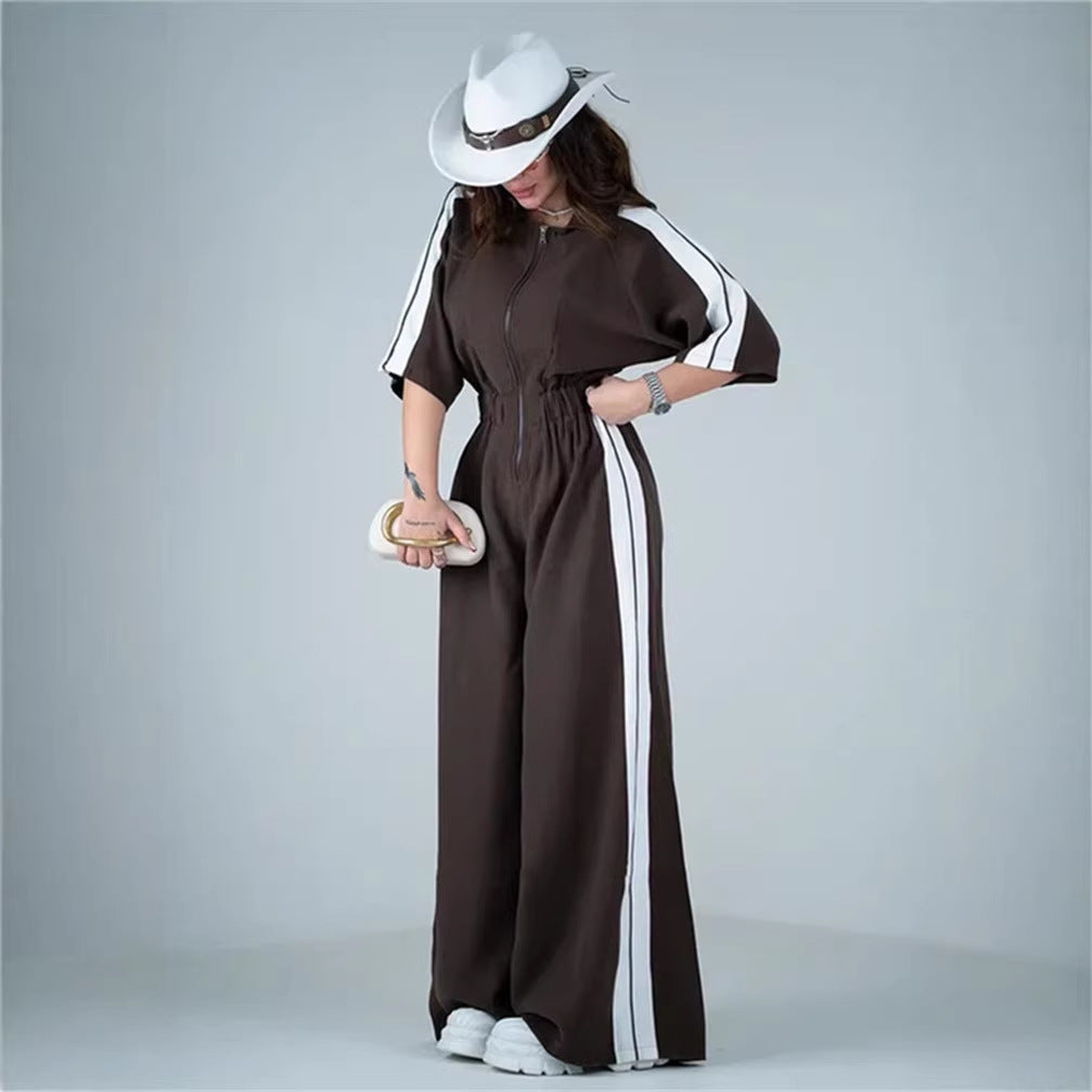 Damen Jumpsuit Lang Taillenbund Kontraststreifen - Eveloria