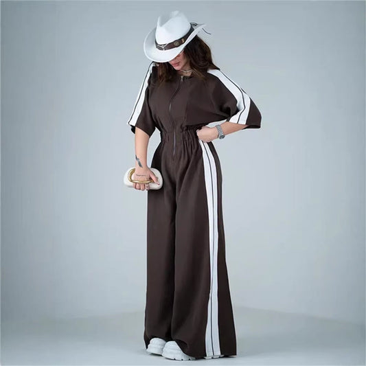 Damen Jumpsuit Lang Taillenbund Kontraststreifen - Eveloria