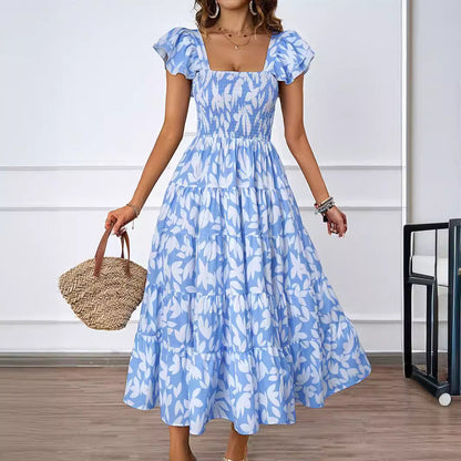 Damen Maxi-Kleid Voluminöse Puffärmel Gerafftes Oberteil