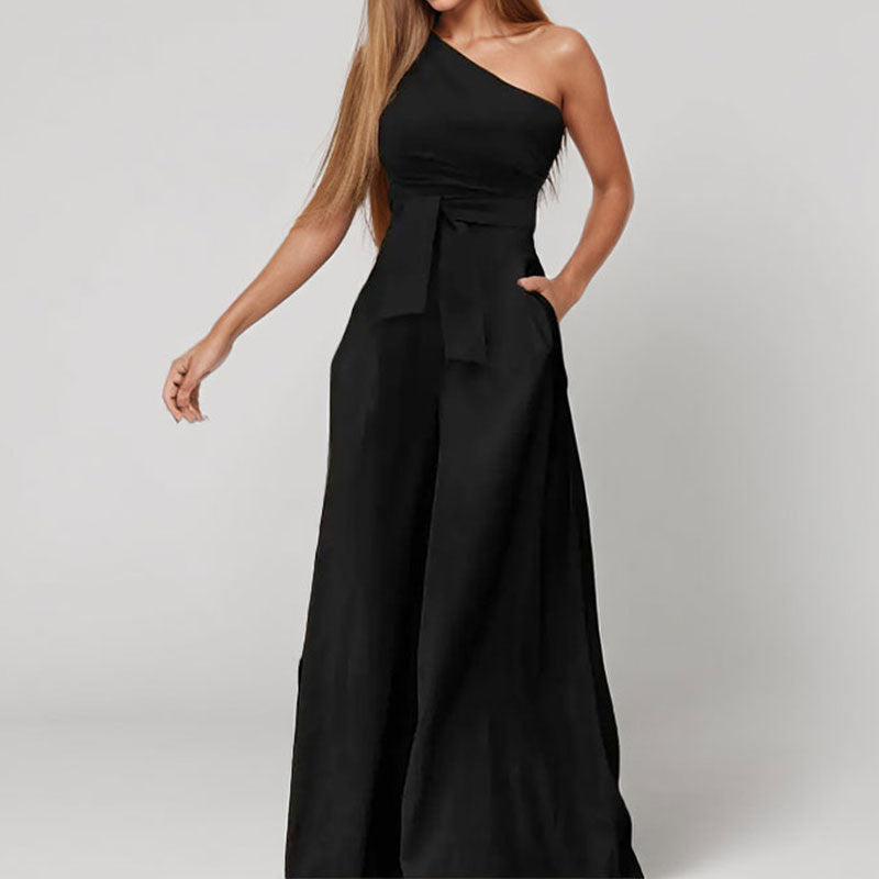 Damen One-Shoulder Jumpsuit Taillengürtel Weite Beine Eveloria