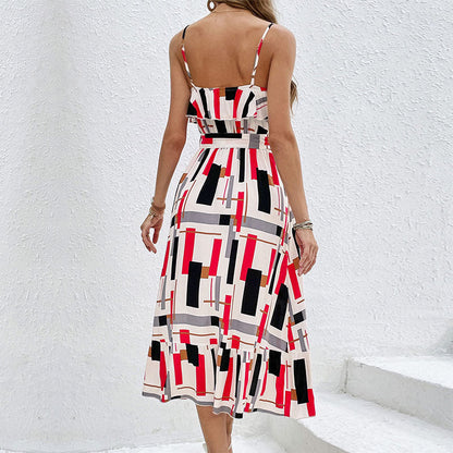 Damen Midi-Kleid Grafisches Design Taillengürtel Eveloria