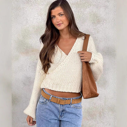 Damen Wickelpullover V-Ausschnitt Voluminöse Ärmel Eveloria - Eveloria